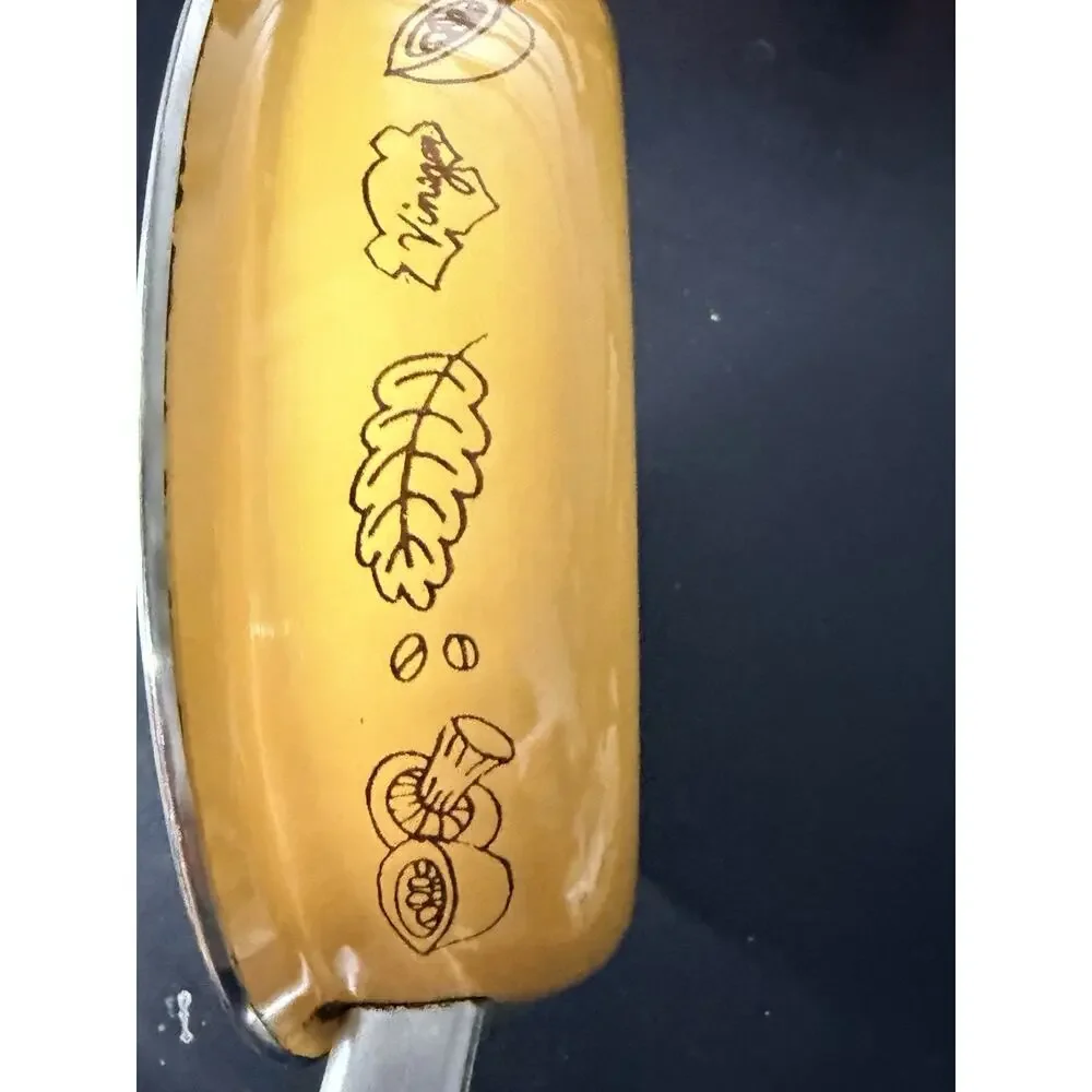 Vintage Yellow Enamelware 9” Saucepan Skillet with Kitchen Motif Pattern